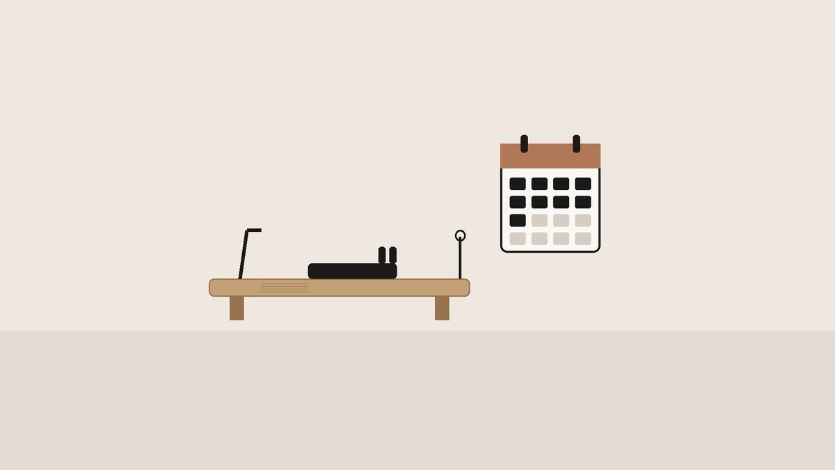 Illustratie van een Pilates reformer met een kalender voor maandelijkse termijnen